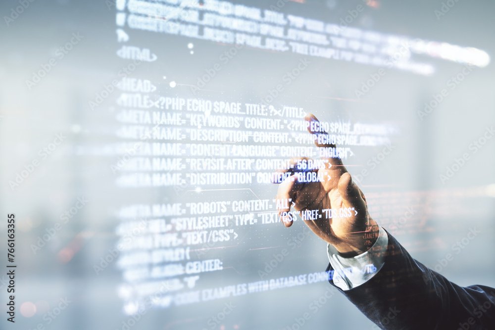 Poster multi exposure of man hand presses on abstract software development hologram on blurred office backg