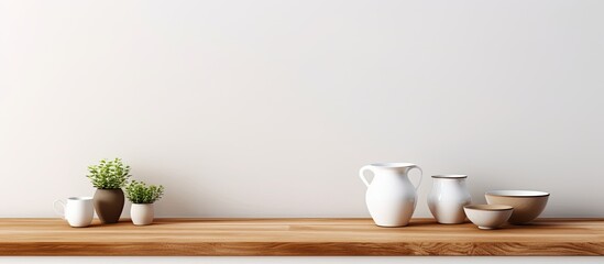 Fototapeta na wymiar Three clean white pitchers and two small cups are displayed neatly on a rustic wooden shelf