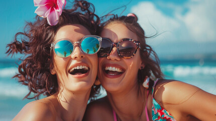  female friends enjoying vacations and taking selfie