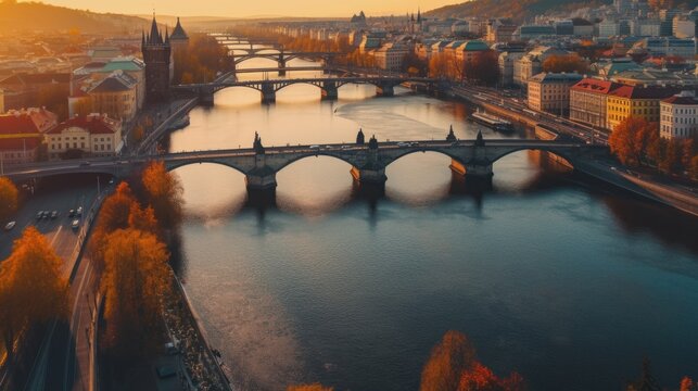 Top view bridges on the Vltava River in Prague