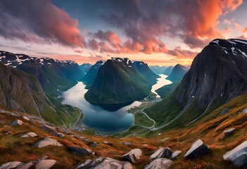 Nature panorama mountain landscape at sunset, Norway