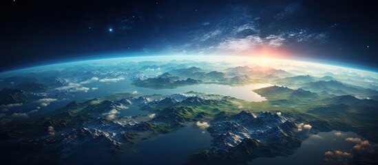 A breathtaking view of Earth from space with the sun shining through the clouds, showcasing the beauty of our worlds atmosphere and landscape - obrazy, fototapety, plakaty