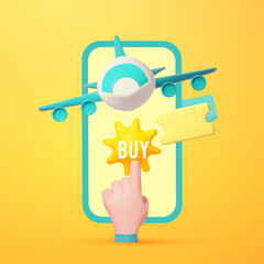 Online booking service cartoon concept with smartphone and plane. Air ticket on mobile phone. Vacation tickets.