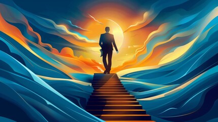 Ambitious businessman climbing the stairs to success. concept of career path success, future planning and business competitions. - obrazy, fototapety, plakaty