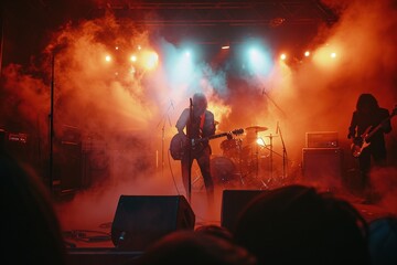 Fototapeta premium Band performing on stage enveloped in dramatic smoke