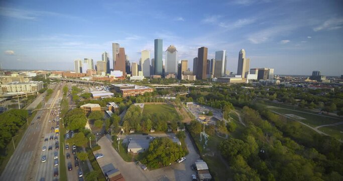 Wide angle drone view of downtown Houston, Texas and surrounding area 