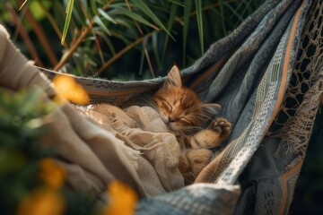 Obraz premium Persian kitten sleeping soundly in a hammock