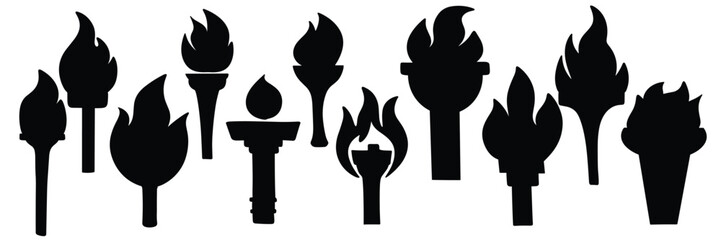 Big collection of flame torch silhouettes. Hand drawn vector art.
