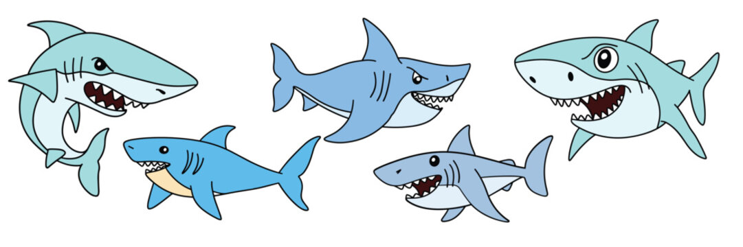 Collection of sharks in doodle style colored outline Hand drawn vector art