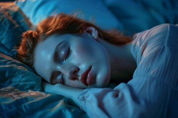 Woman asleep in bed with her head resting on a pillow, the room is dimly lit with soft blue tones, a peaceful night's atmosphere conducive to rest