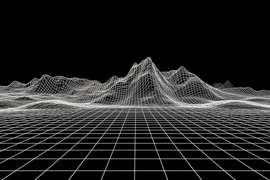 3D wireframe mesh mountains on dark background