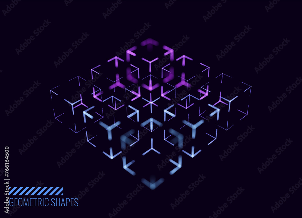 Poster Set of Blue Technology Cubes. Hi-Tech Grid Style Wireframe 3D Forms. Round Cubes. Artificial Intelligence HUD Design Element. Cloud Computing Server Technology Concept. Vector Illustration.