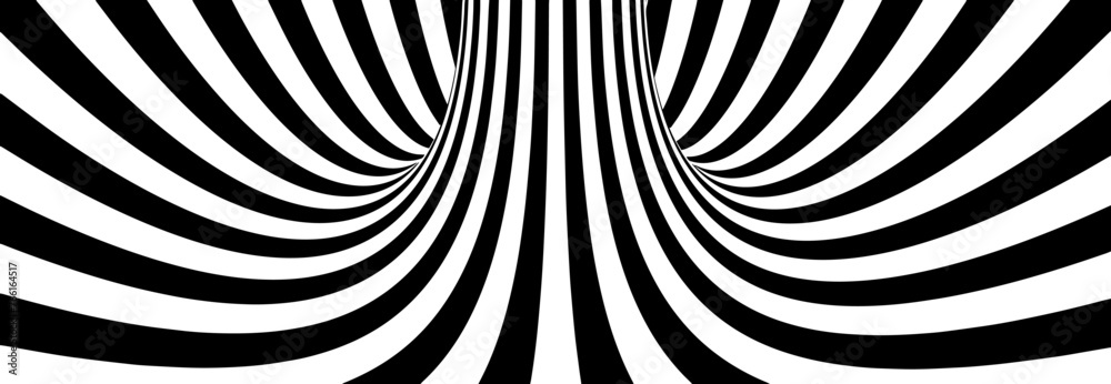 Poster abstract lines vortex bend illusion design. black and white hypnotic twirl striped background. 3d vo