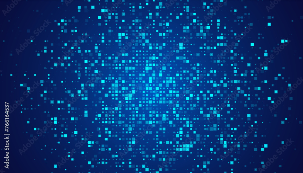 Poster Digital Pixel Explosion. Abstract Virtual Cyber Space Data Flow. Halftone Pixel Effect Round Explosion. Vector Illustration.