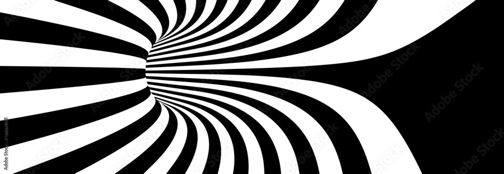 Poster abstract lines vortex bend illusion design. black and white hypnotic twirl striped background. 3d vo