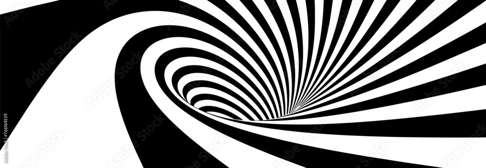 Poster abstract lines vortex bend illusion design. black and white hypnotic twirl striped background. 3d vo