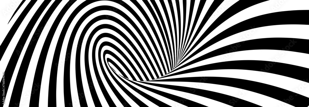 Poster abstract lines vortex bend illusion design. black and white hypnotic twirl striped background. 3d vo
