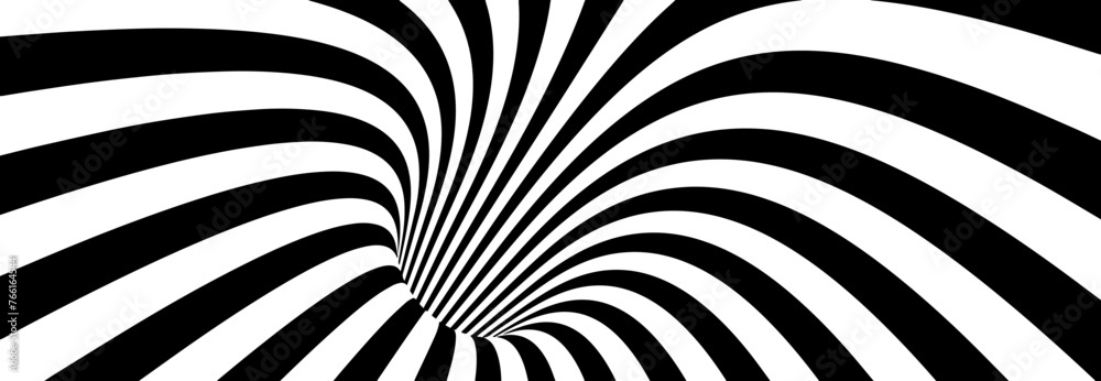 Wall mural abstract lines vortex bend illusion design. black and white hypnotic twirl striped background. 3d vo