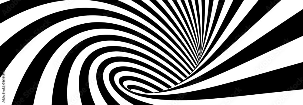 Poster abstract lines vortex bend illusion design. black and white hypnotic twirl striped background. 3d vo