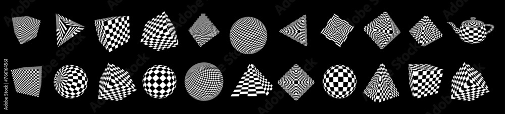Fototapete big set of graphic design 3d forms with checkered texture. abstract surreal 3d shapes. trendy y2k ge