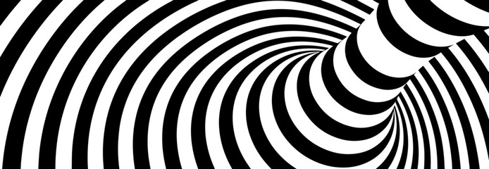 Inside Wonderland Torus Abstract Lines Design. Black and White Hypnotic Twirl Striped Background. 3D Vortex Hole Optical Illusion. Vector Illustration.