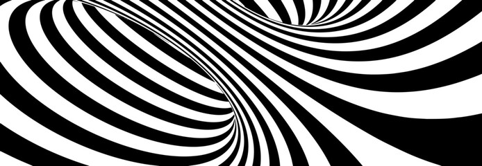 Inside Wonderland Torus Abstract Lines Design. Black and White Hypnotic Twirl Striped Background. 3D Vortex Hole Optical Illusion. Vector Illustration.