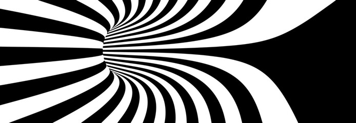 Abstract Lines Vortex Bend Illusion Design. Black and White Hypnotic Twirl Striped Background. 3D Vortex Hole Optical Illusion. Vector Illustration.