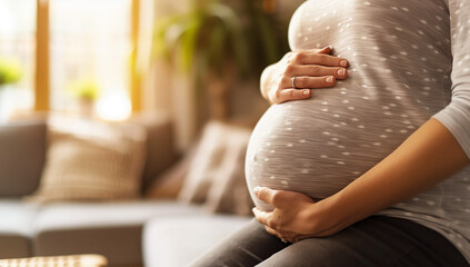 Close-up of a pregnant woman's belly, with hands holding her belly in a home environment, focusing on her hand and her round belly with a blurred background - obrazy, fototapety, plakaty