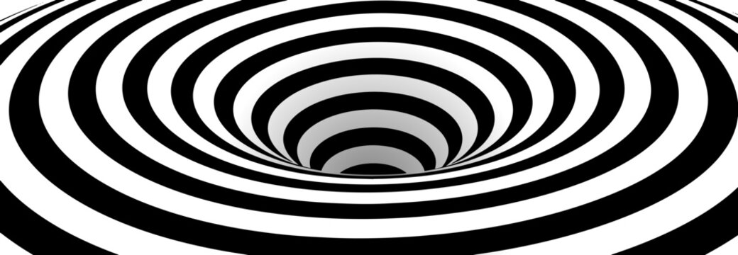 Abstract Lines Design. Black and White Hypnotic Twirl Striped Background. 3D Vortex Hole Optical Illusion. Vector Illustration.
