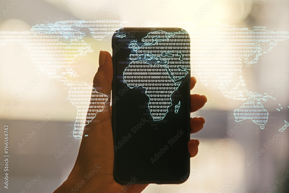 Poster multi exposure of abstract creative digital world map and hand with phone on background, tourism and