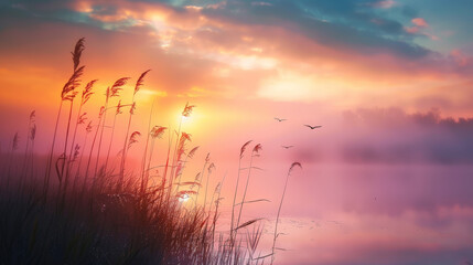 Enigmatic Sunset Veiled in Fog. Generative AI