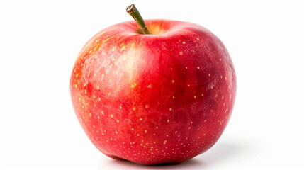 A ripe, juicy apple positioned elegantly against a pristine white backdrop, showcasing its glossy red skin and fresh green stem.