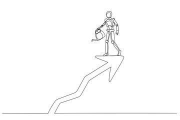 robot figure holding a watering can while standing on an upward arrow path, symbolizing nurturing the continual growth of ideas and innovation
