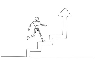 Robotic or humanoid figure climbing upward steps, symbolizing technological progress, self improvement, and overcoming challenges through incremental efforts