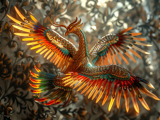 Mythical Phoenix, Time-Weaver, Feathered with History, Revealing ancient mysteries through time, 3D Render, Backlights, Chromatic Aberration