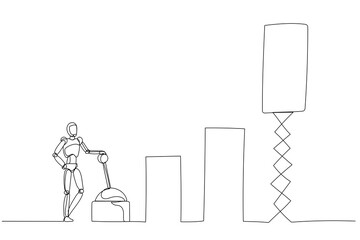 minimalist, line-drawn scene where a robot interacts with a lever amidst abstract geometric shapes