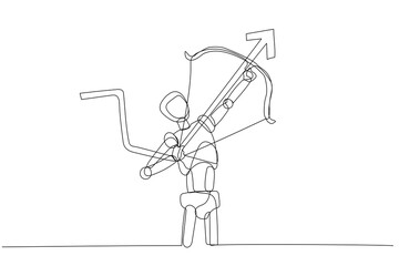 Simple line drawing of Robot archer, pulling back the string of a bow and aiming upwards showcasing the tension and focus involved in aiming for a goal and objective