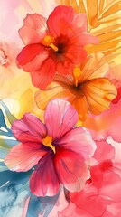 Emotional wellness Tropical bloom burst  Vintage Watercolor Vibrant Awe Ink Wash Illustration ,