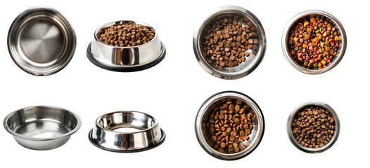 Dog dish with and without food - set isolated on transparent background
