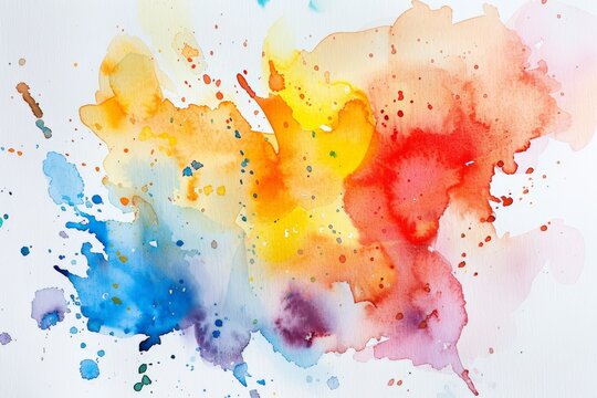Various vivid colors of paint have been splattered across a pure white canvas in this abstract painting