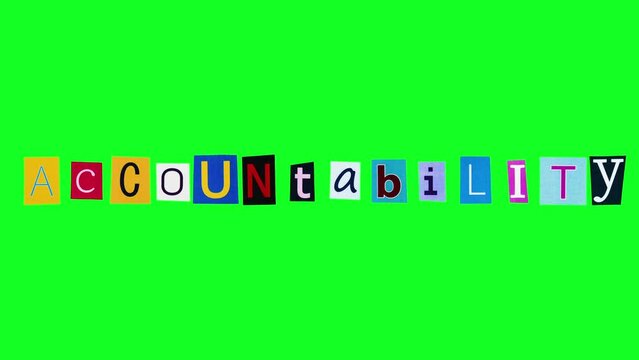 The word accountability made of letters cut from magazines which are moving on green screen background. Loop stop motion animation of a political term equated with answerability and culpability