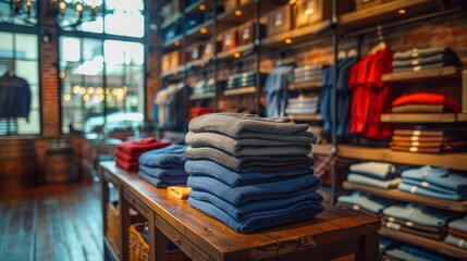 Stack of Folded Sweaters on Wooden Table in Boutique. Generative ai