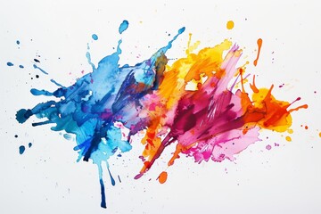 Various colors of paint splattered haphazardly on a pristine white surface, creating a vibrant and dynamic visual effect