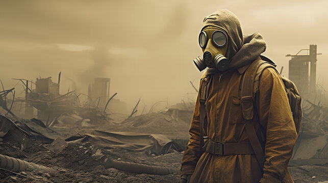 3d man with gas mask in dust world war ii war