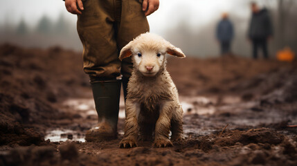 a baby lamb standing on a muddy floor with a person next to it - obrazy, fototapety, plakaty