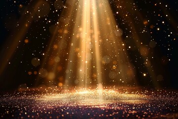 Stage light and golden glitter lights on floor. Abstract gold background for display your product. Spotlight realistic ray. generative ai - obrazy, fototapety, plakaty