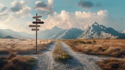 Signposts Guiding the Path Through a Surreal Mountain Landscape - obrazy, fototapety, plakaty