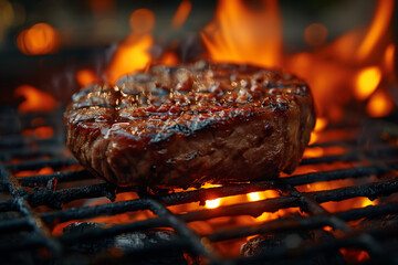 Juicy steak on the grill over charcoal and smoke with a background of flames. shallow depth of field