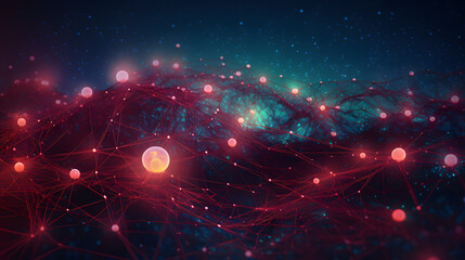 a blue and red background with an electronic network of points and net lights - obrazy, fototapety, plakaty