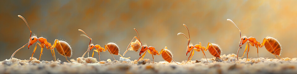 Fila de hormigas transportando comida - obrazy, fototapety, plakaty